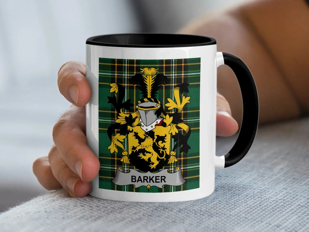 White mug with black rim featuring a tartan pattern and a family crest with the name "BARKER".