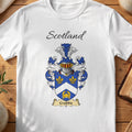 White Crabbie Scottish family shield T-shirt featuring a white chevron and gold motifs on blue