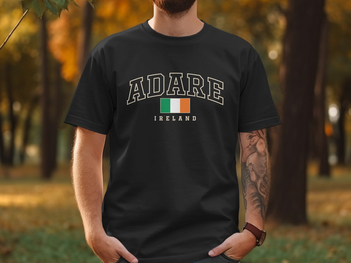 Black t-shirt with "ADARE IRELAND" and Irish flag design.