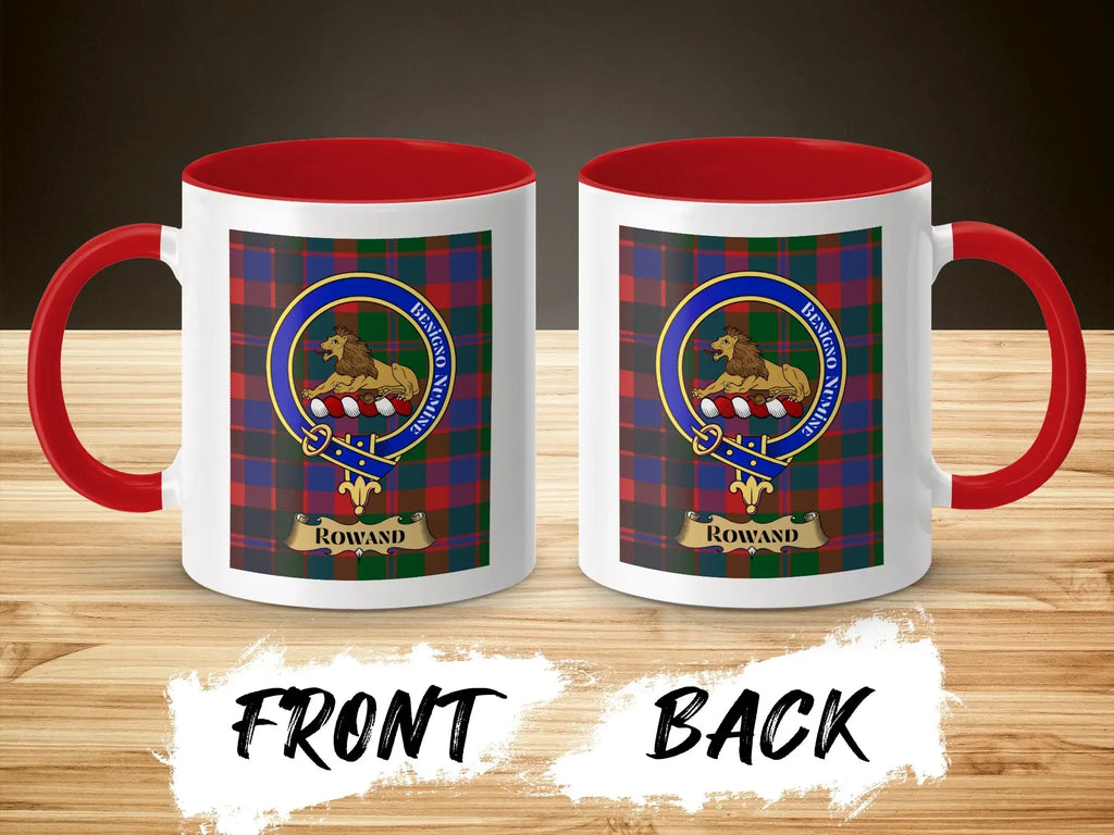 Rowan tartan-background crest mug shown as a Scottish heritage gift