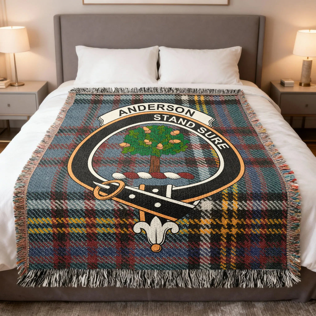 Clan Anderson woven tartan blanket — clan crest and Stand Sure motto, 60x50 heritage throw