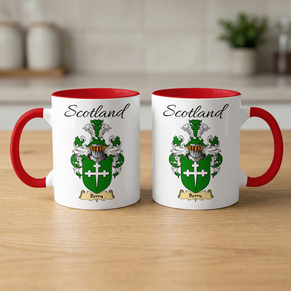 Berry 11 oz Scottish family crest ceramic mug with a Scotland-topped heraldic emblem