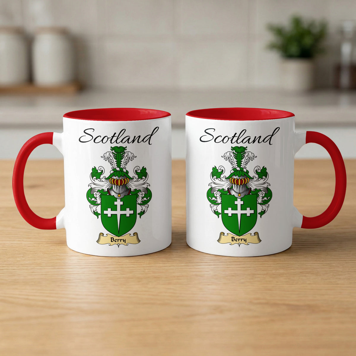 Berry 11 oz Scottish family crest ceramic mug with a Scotland-topped heraldic emblem