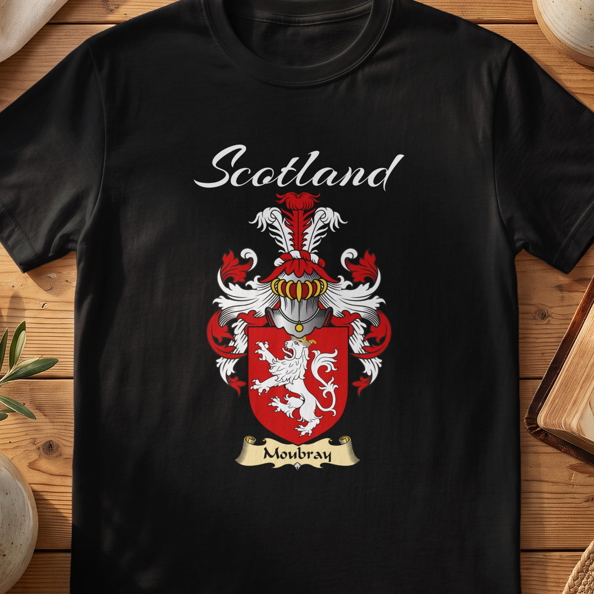 Black Moubray Scottish T-shirt featuring a white lion on a red shield