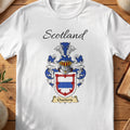 White Charteris Scottish family shield T-shirt featuring a red border surrounding a blue band on white