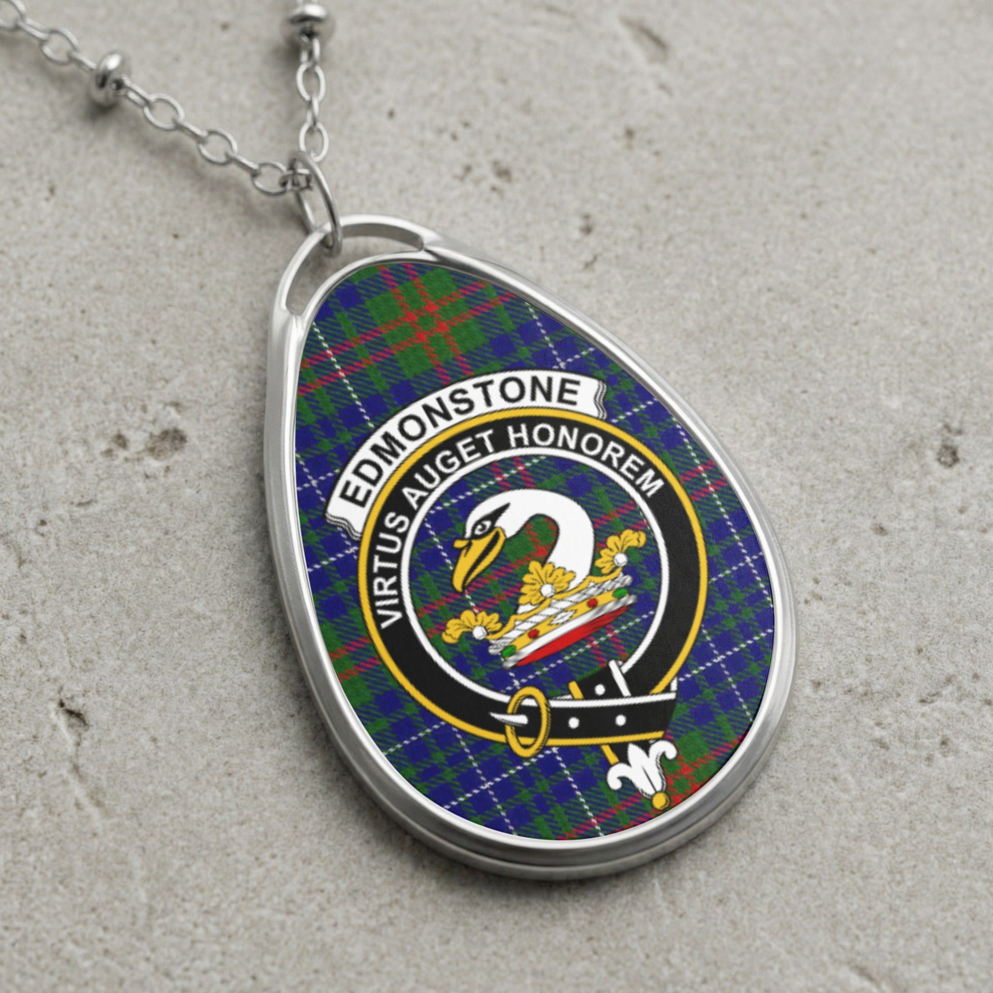 Edmonstone clan Scottish tartan necklace with clan crest on tartan background