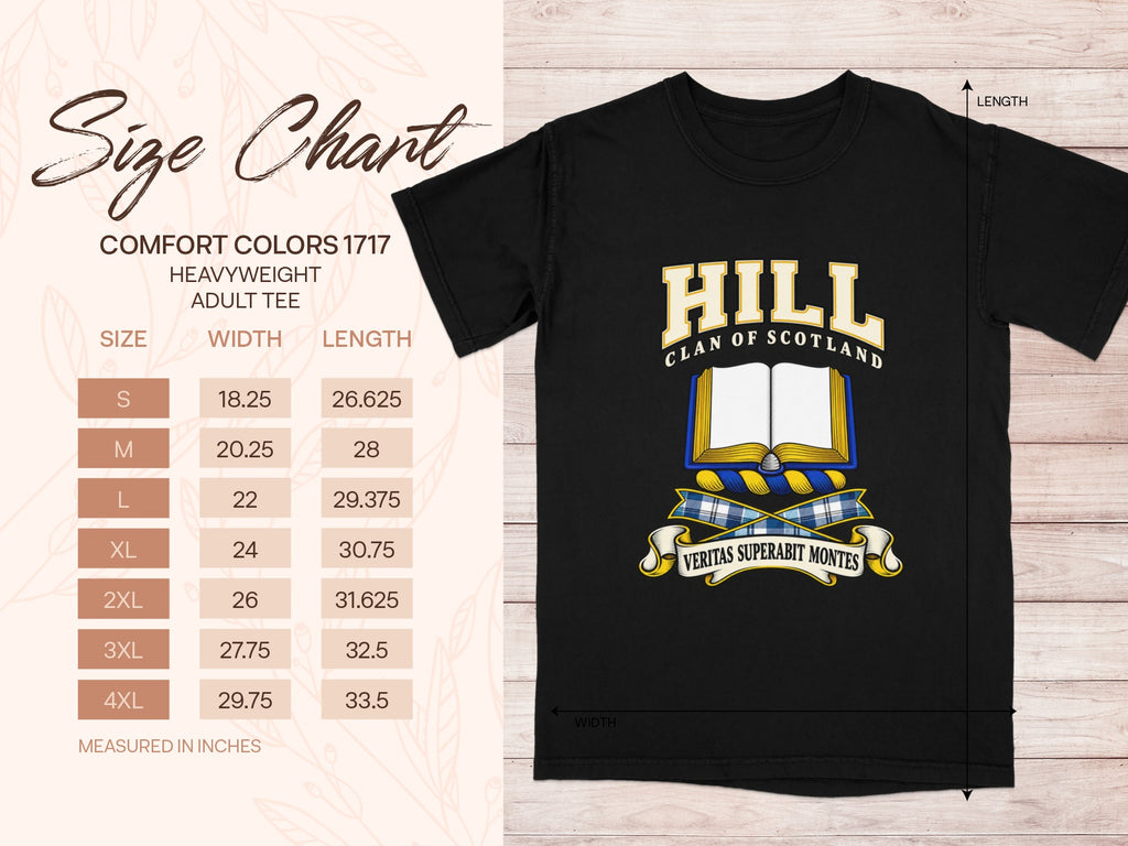 Comfort Colors 1717 size chart in inches with a black Hill clan crest T-shirt preview