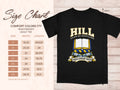 Comfort Colors 1717 size chart in inches with a black Hill clan crest T-shirt preview