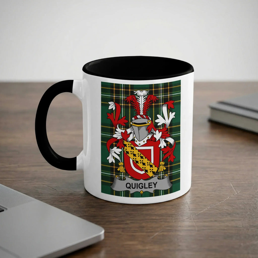 Quigley Irish heritage mug with black interior and family crest
