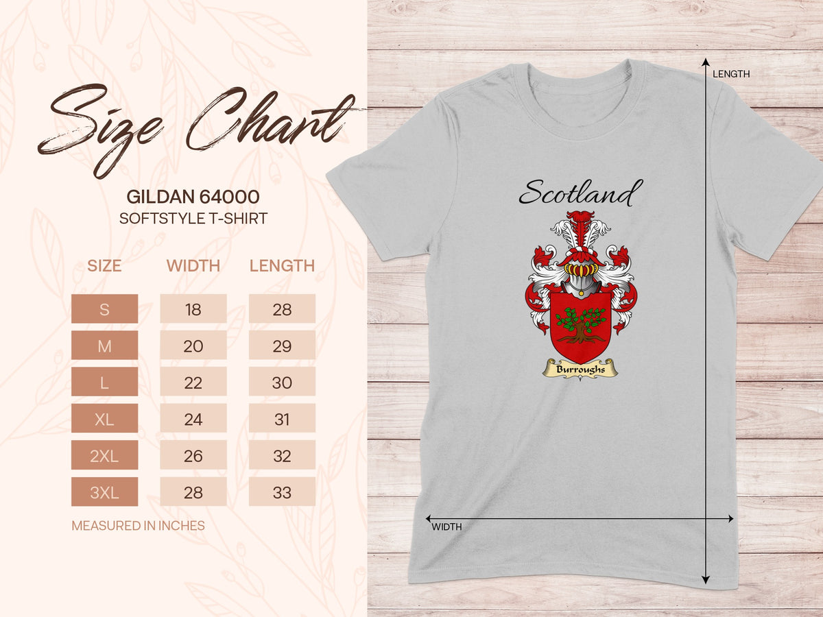 Gildan 64000 size chart for the Burroughs unisex T-shirt, sizes S to 3XL