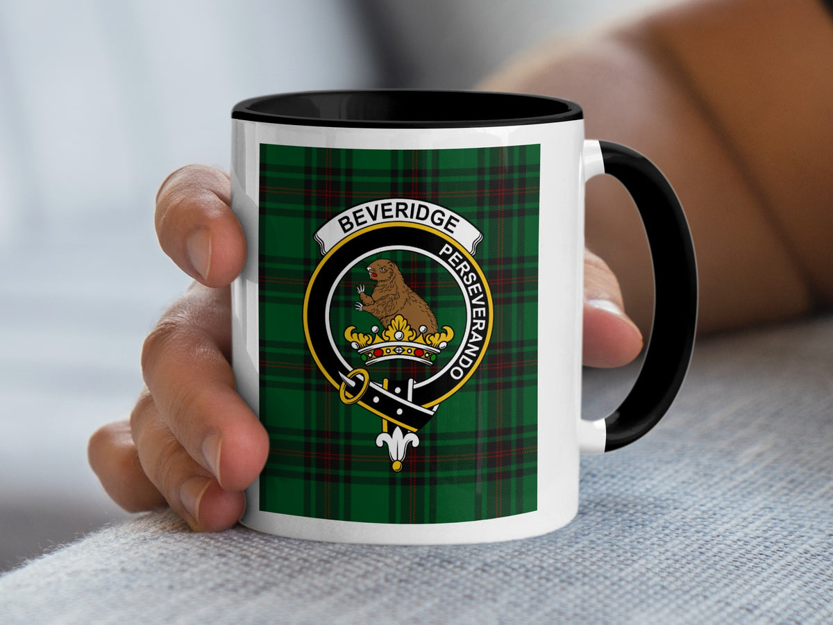 Beveridge Scottish family crest artwork on an 11 oz black accent mug with a tartan background