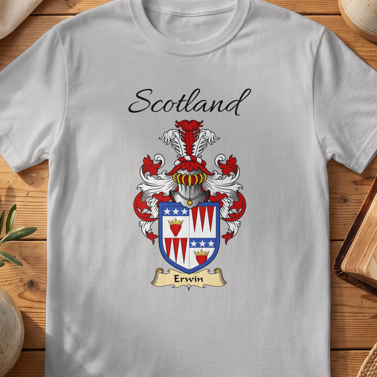 Sport Grey Erwin Scottish family shield T-shirt featuring a quartered design with red hearts and blue stars