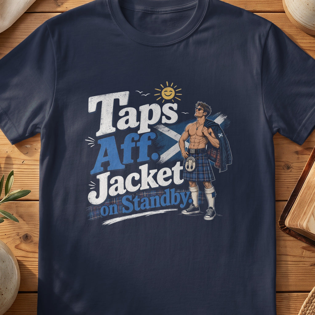 Navy Gildan 64000 unisex T-shirt flatlay with Taps Aff Jacket on Standby Scottish graphic design