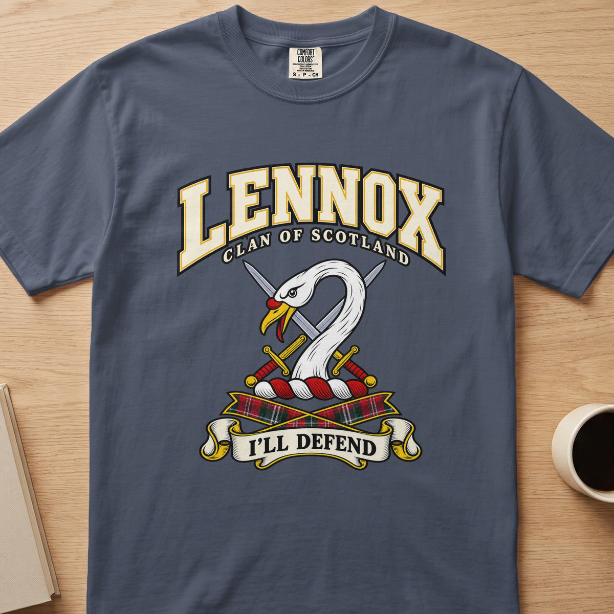 Lennox white swan crest with gold detail graphic on a slate blue Comfort Colors T-shirt, front view