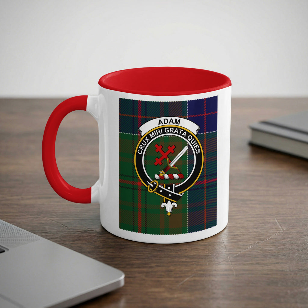 Adam Scottish family crest artwork on an 11 oz red accent mug with a tartan background
