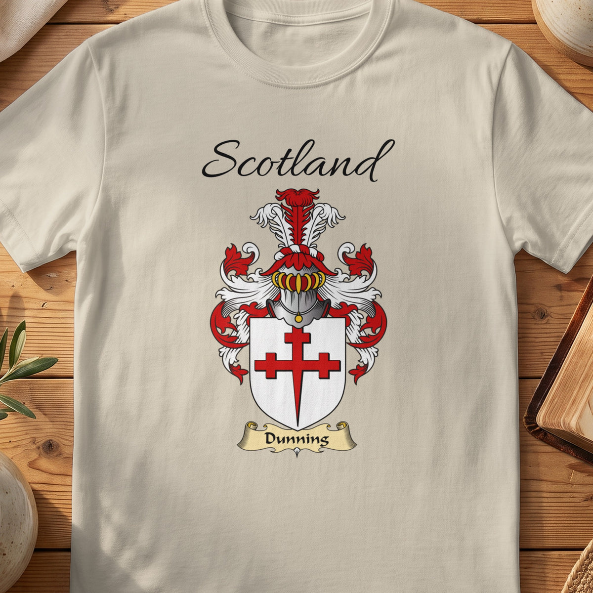 Sand Dunning Scottish family shield T-shirt featuring a red double cross on a white shield