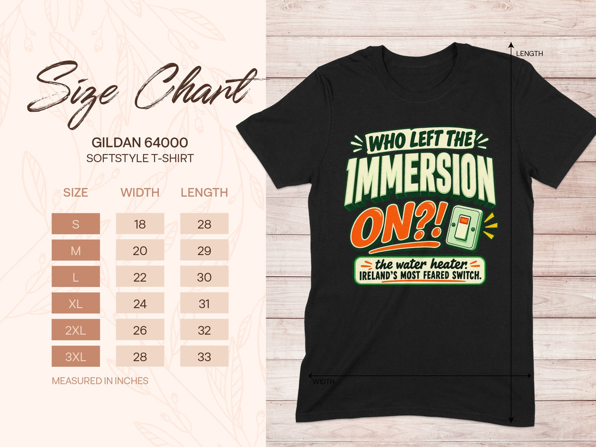 Gildan 64000 unisex T-shirt size chart with width and length measurements