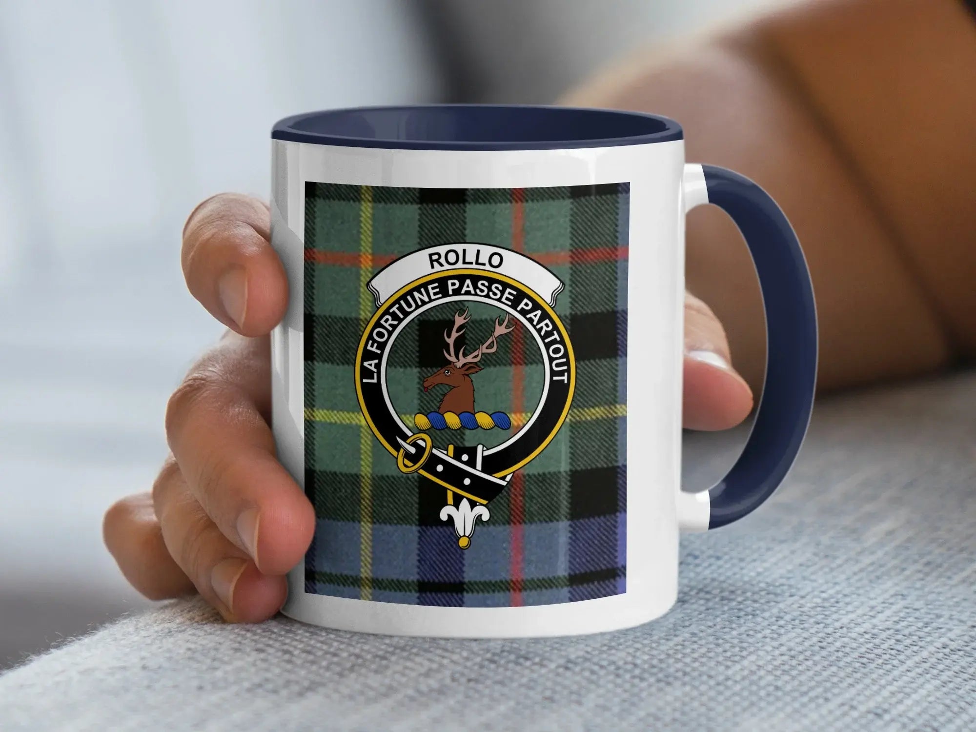 Clan Rollo tartan accent mug — 11 oz ceramic with black handle and La Fortune Passe Partout crest