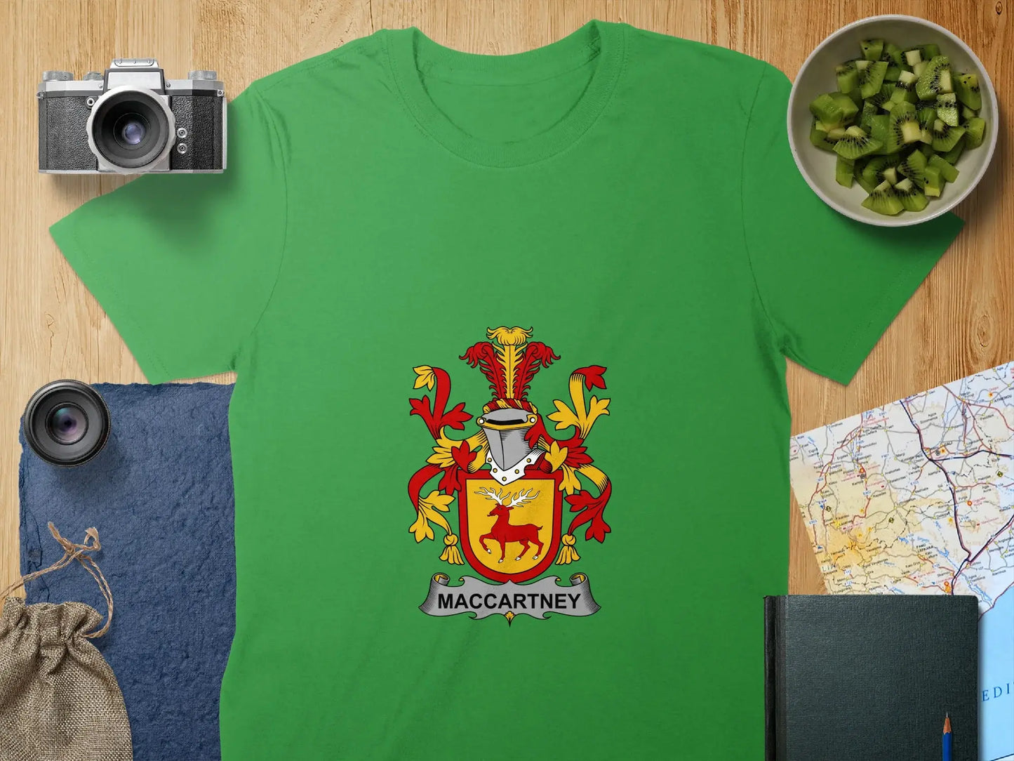 MacCartney Family Crest Design on Green T-shirt