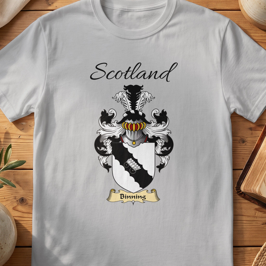 Sport Grey Binning Scottish family shield T-shirt featuring a pale linked-hands motif on a black diagonal band