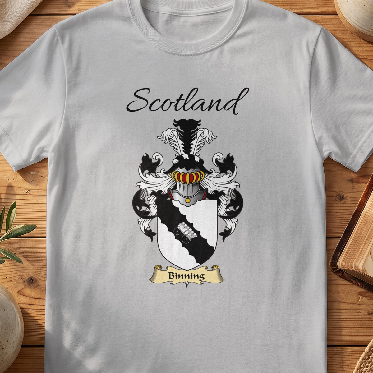 Sport Grey Binning Scottish family shield T-shirt featuring a pale linked-hands motif on a black diagonal band