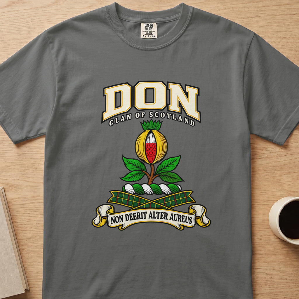 Don clan T-shirt in gray, front view with red and gold fruit with green leaves
