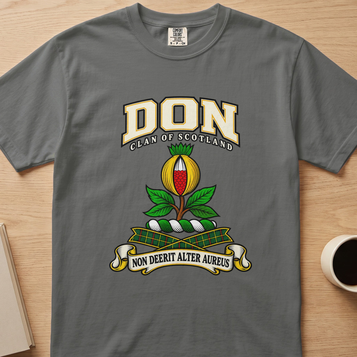 Don clan T-shirt in gray, front view with red and gold fruit with green leaves