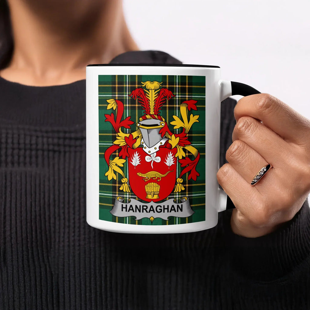 Mug featuring the Hanrahan family crest on a plaid background.
