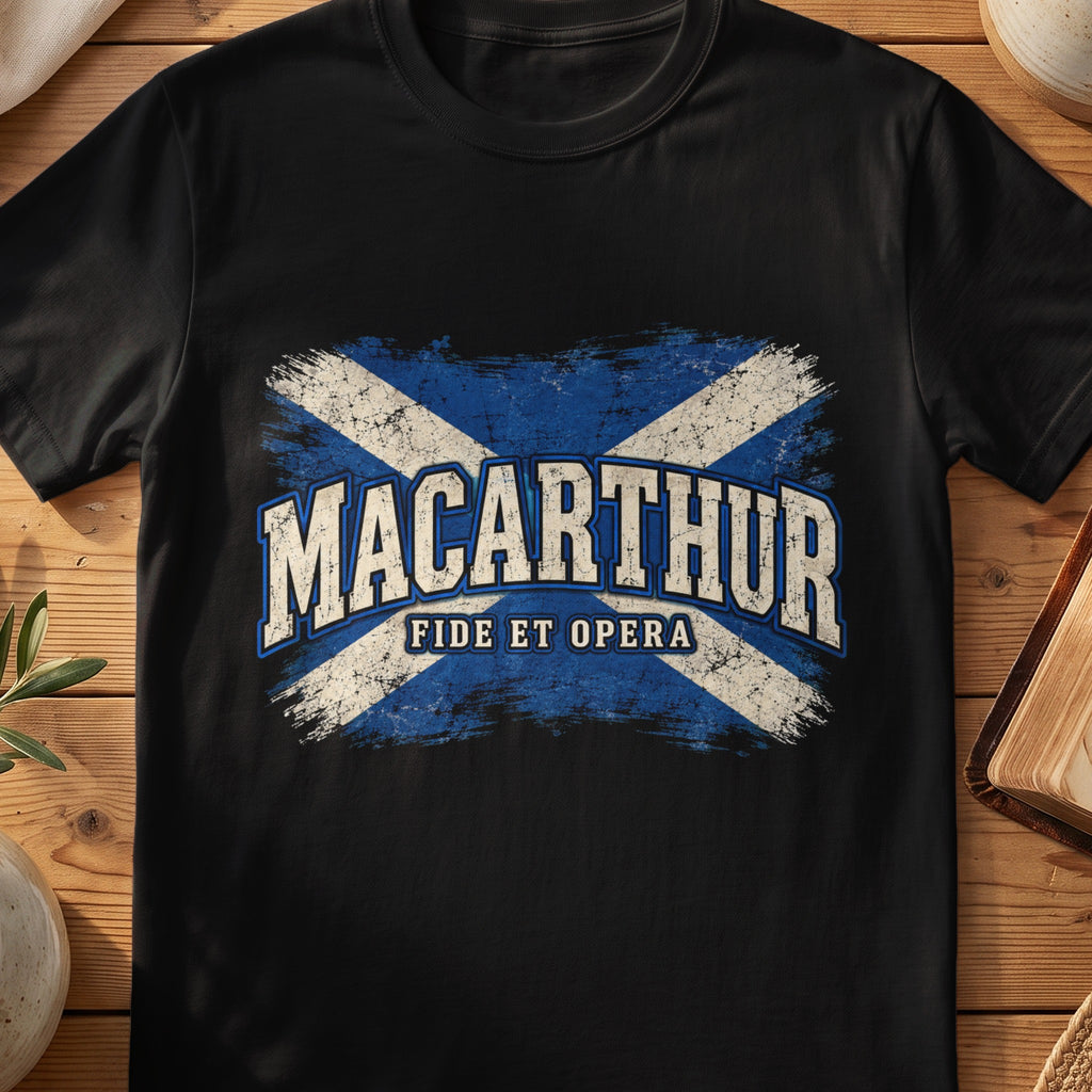 MacArthur Scottish Saltire T-shirt in Black, with distressed blue and cream flag and “Fide et Opera” lettering.