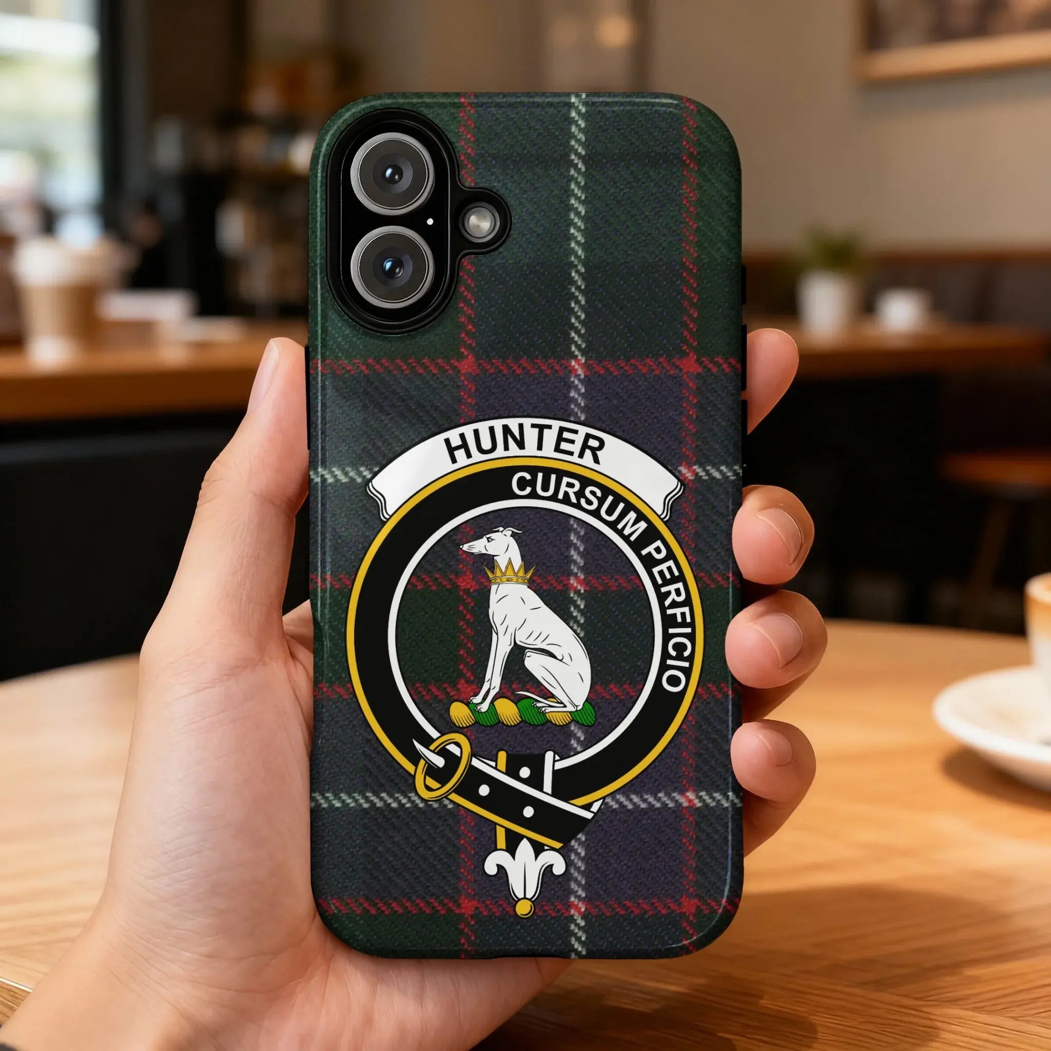 Hunter Cursum Perficio plaid phone case — full heraldic wrap on glossy impact-resistant shell