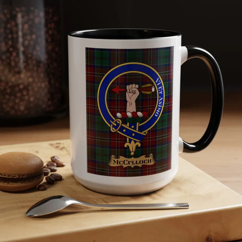 Close-up of the McCulloch clan crest printed on a ceramic mug