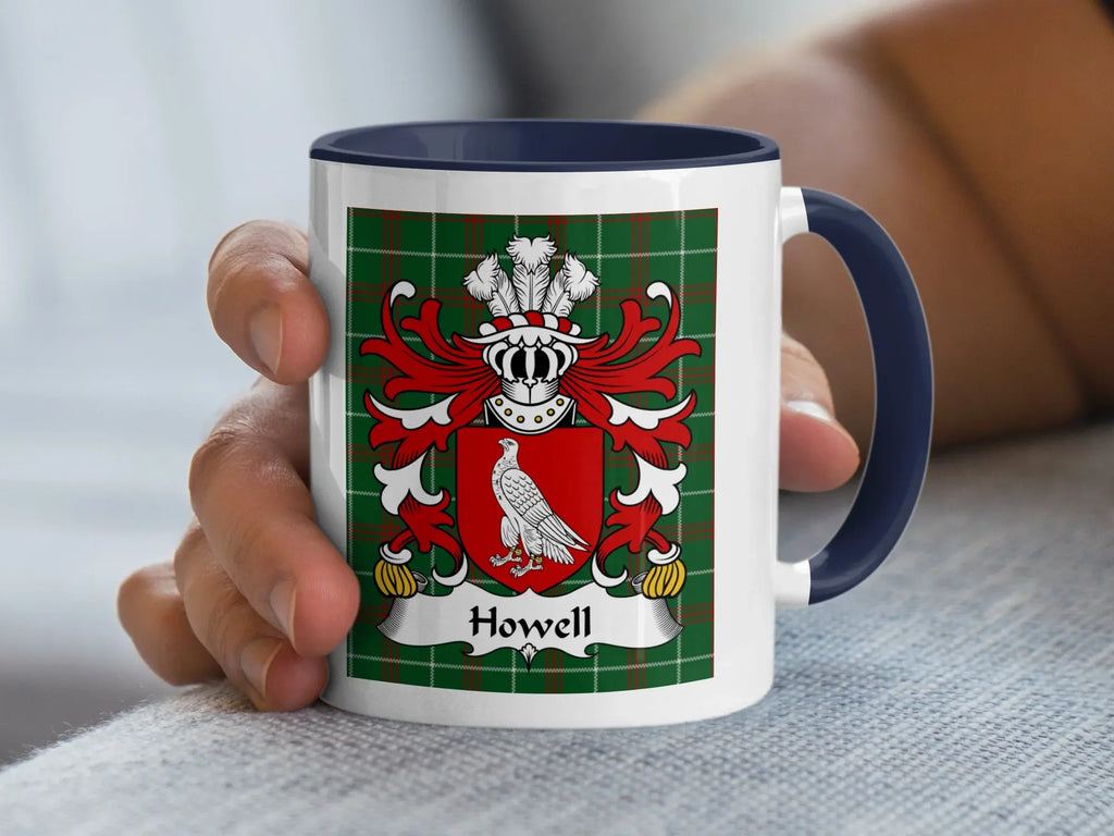 Howell Welsh family crest mug with navy accent on red and green tartan