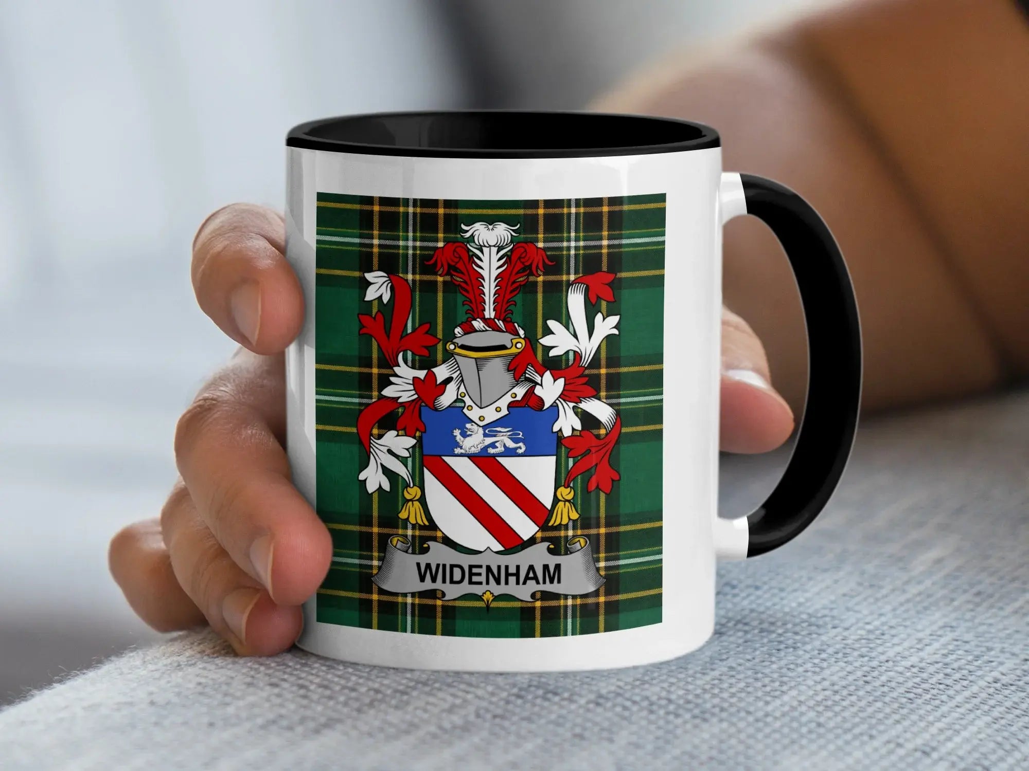 Mug with the WIDENHAM family crest on a plaid background.