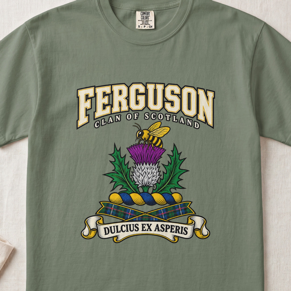 Ferguson graphic T-shirt in Moss green, front flat lay showing varsity lettering and yellow and black bee above a purple and white thistle.