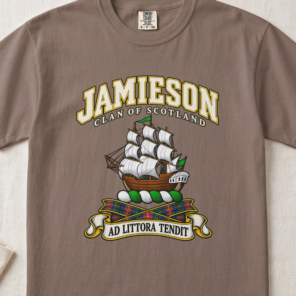 Jamieson Scottish clan T-shirt in Espresso, front view with a sailing ship with white sails and green pennants and motto banner.