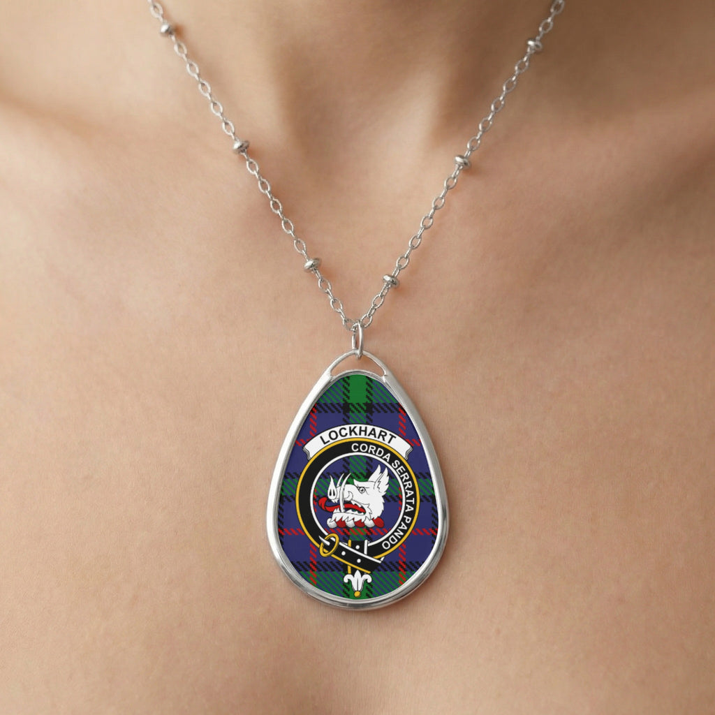 Close-up of Lockhart clan tartan pendant necklace with crest design