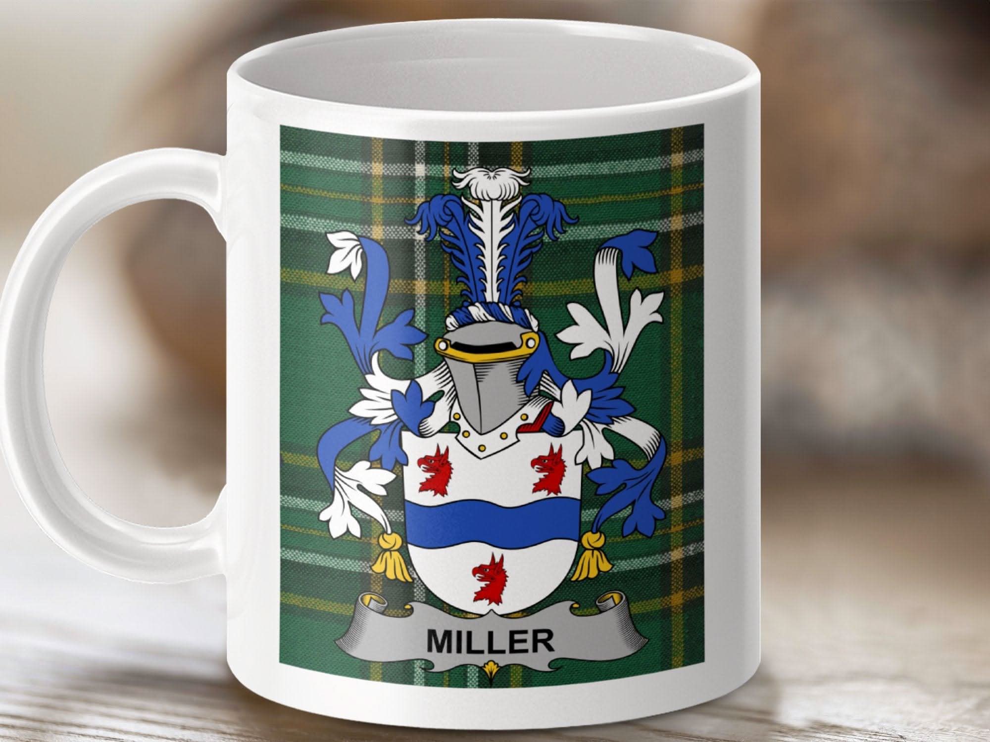 Miller Surname Family Crest on Irish Tartan Mug - Celtic Ancestry Gifts