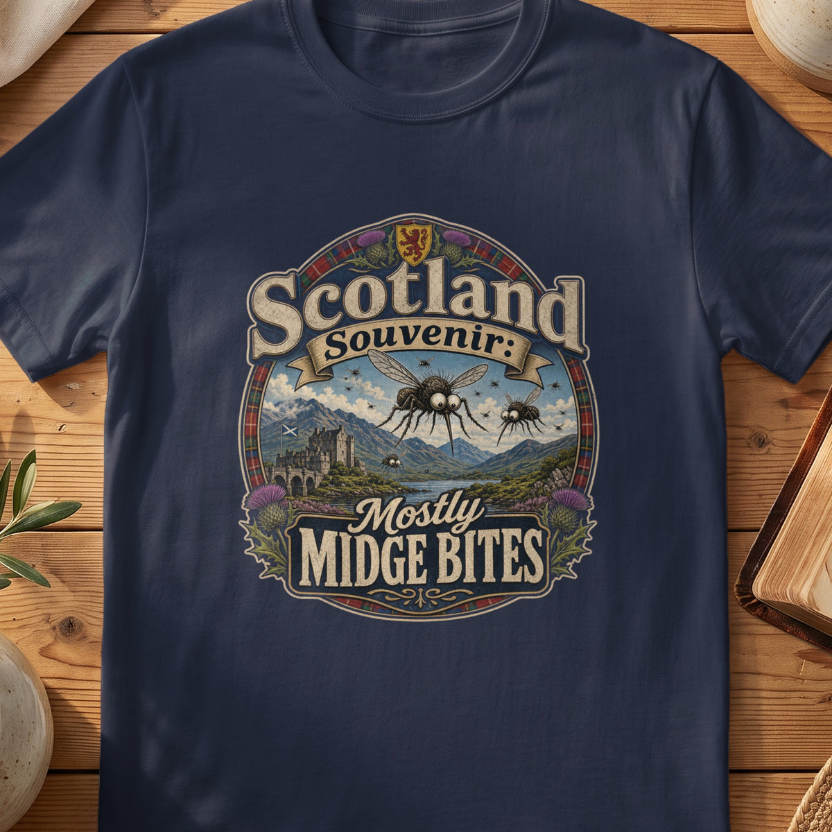 Navy Gildan 64000 unisex T-shirt flatlay with Mostly Midge Bites Scottish graphic design