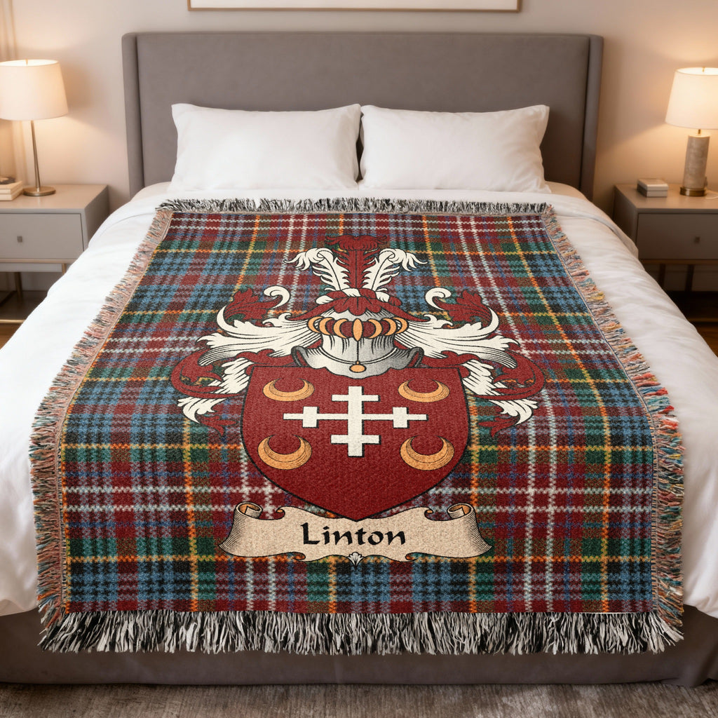 Linton Caledonia tartan heritage woven throw blanket with family shield