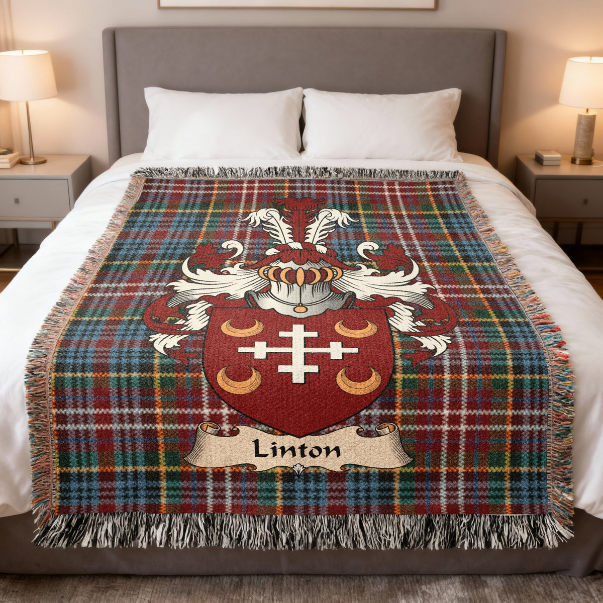 Linton Caledonia tartan heritage woven throw blanket with family shield
