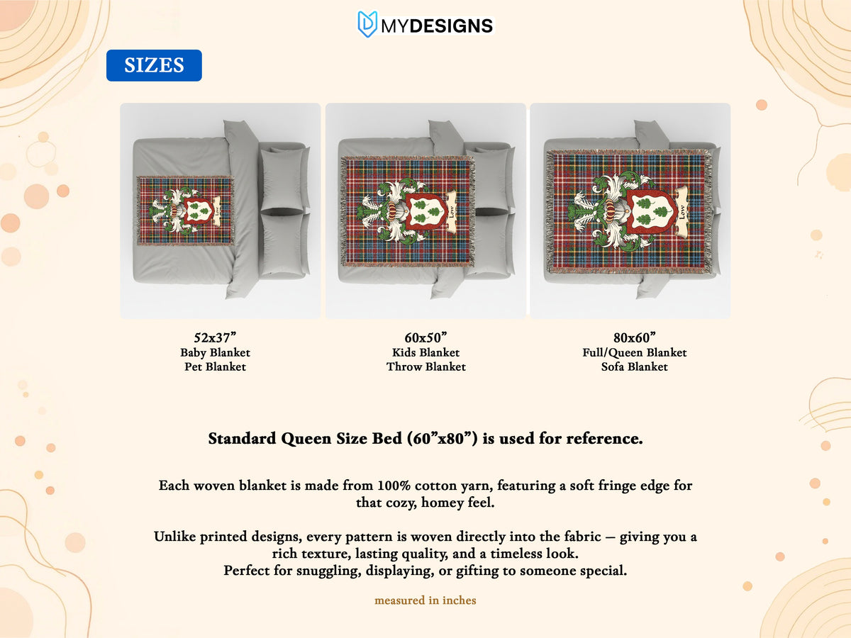 Size guide for Low Scottish family shield woven blanket on a Caledonia tartan background