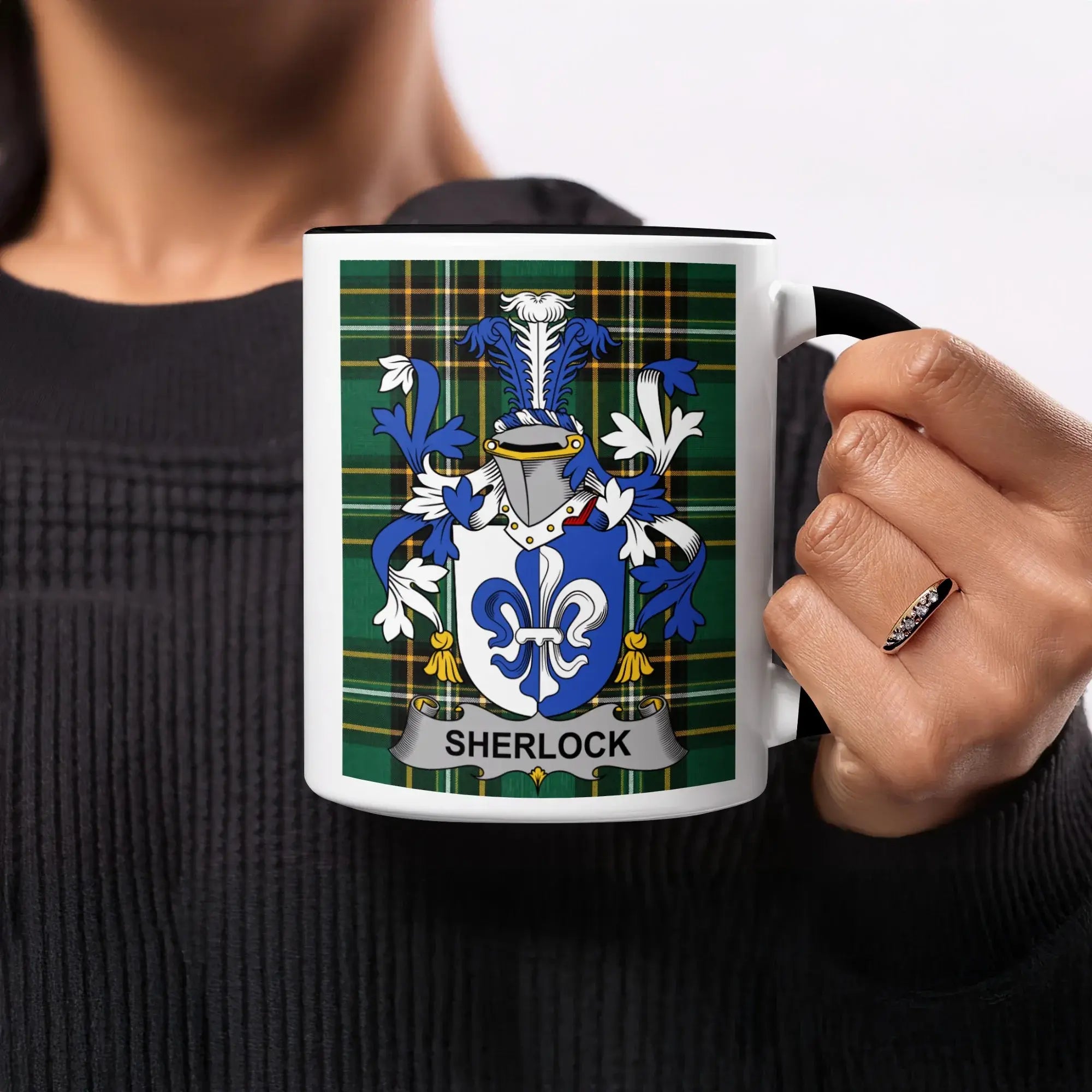 Sherlock black accent mug with Irish National Tartan crest design