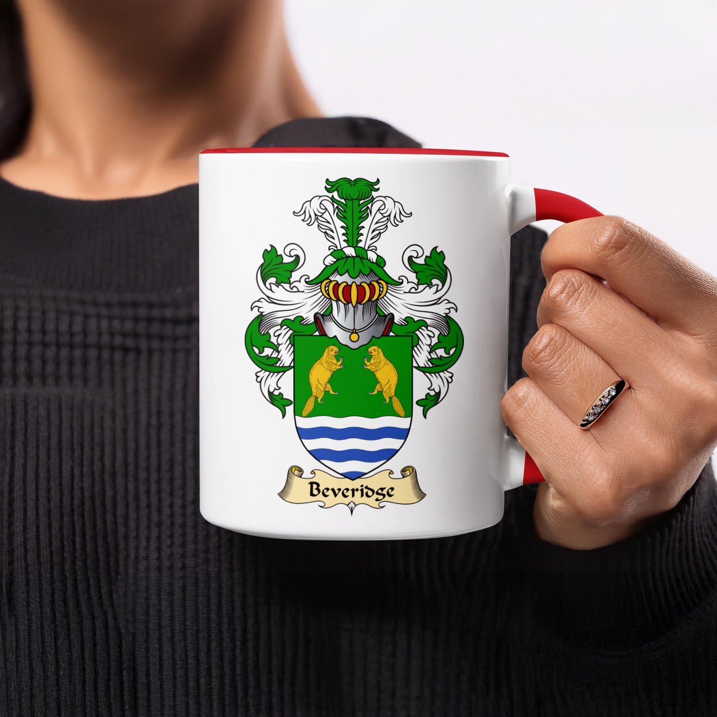 White mug with red handle featuring the Beveridge family crest.