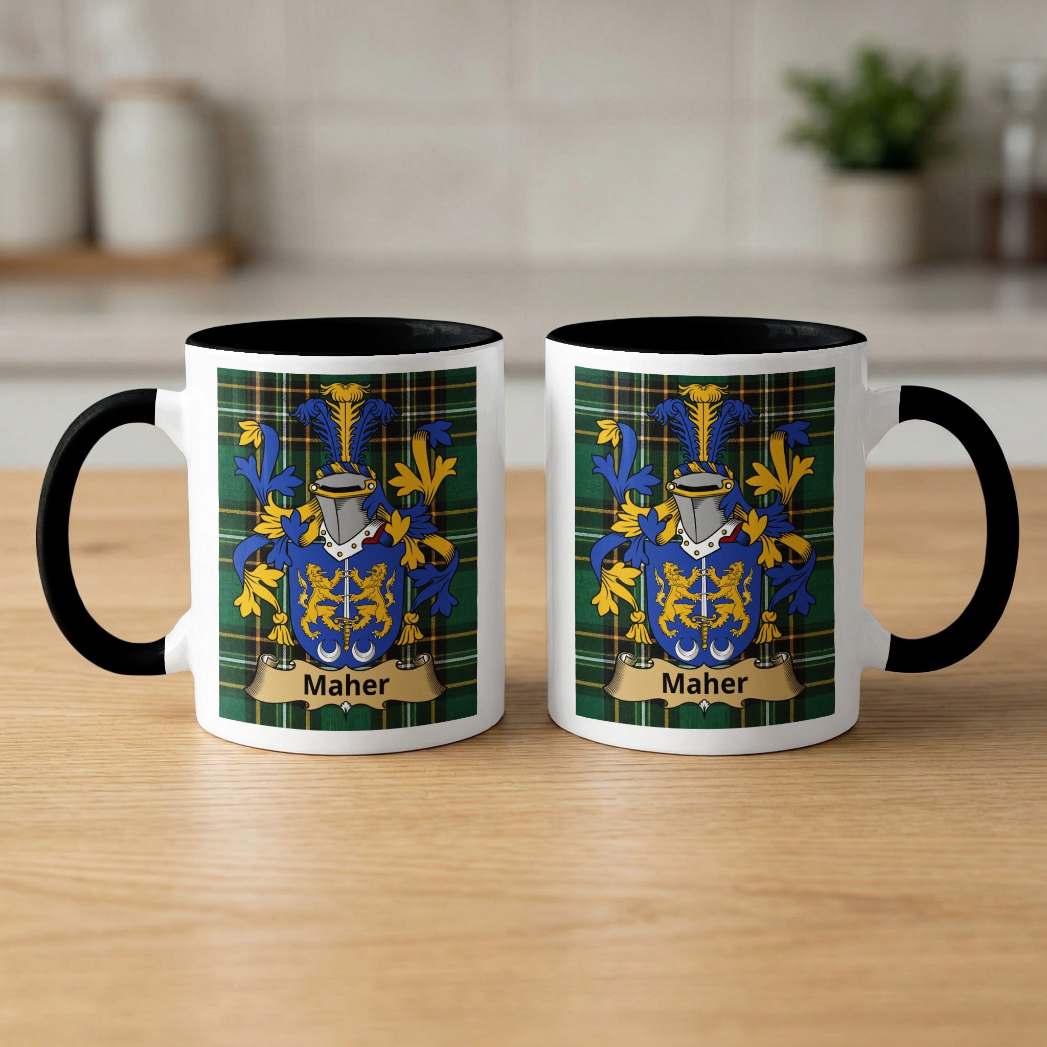 Maher Irish surname mugs front and back — crest on green tartan, black handles