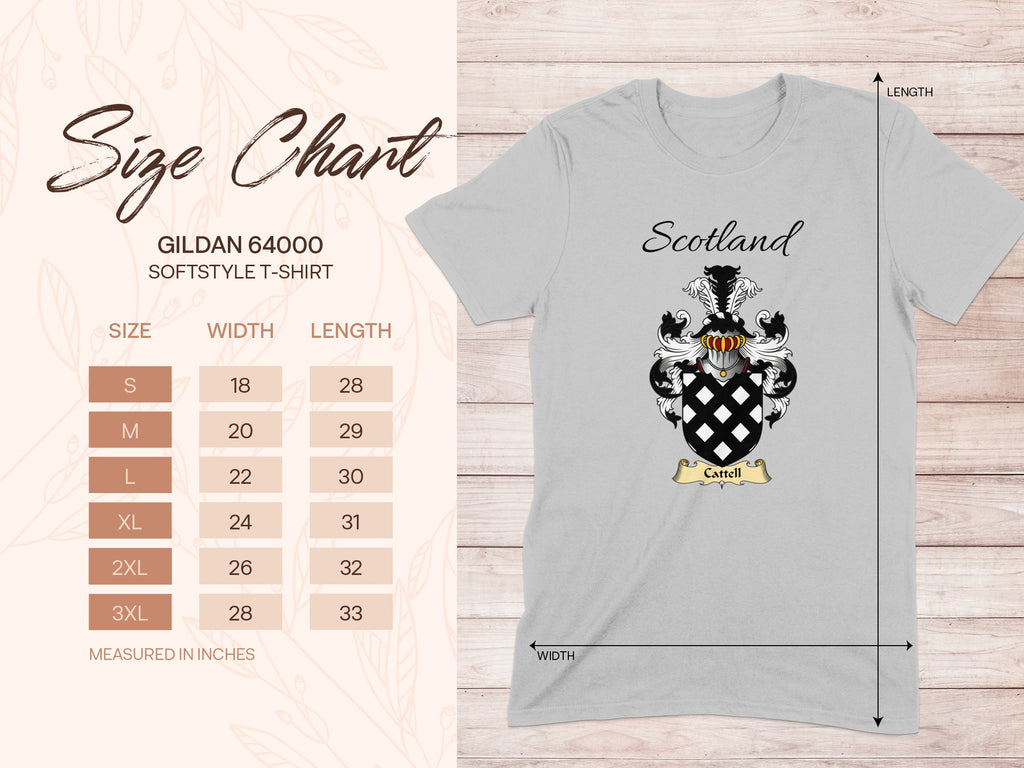 Gildan 64000 size chart for the Cattell unisex T-shirt, sizes S to 3XL