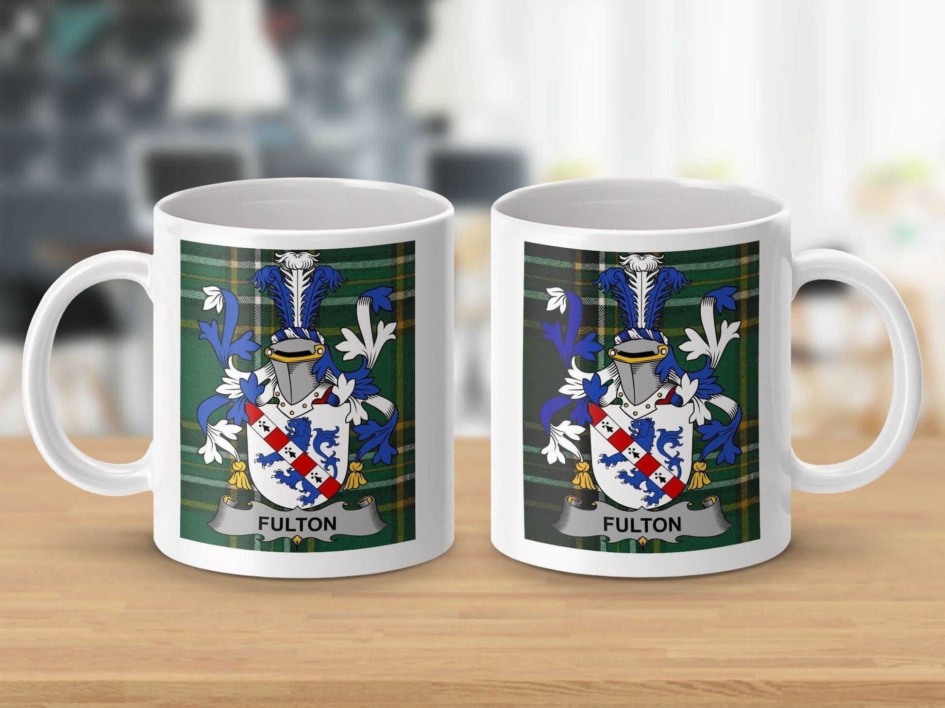 Fulton Surname Family Crest Irish Tartan Heritage Mug - Celtic Ancestry Gifts