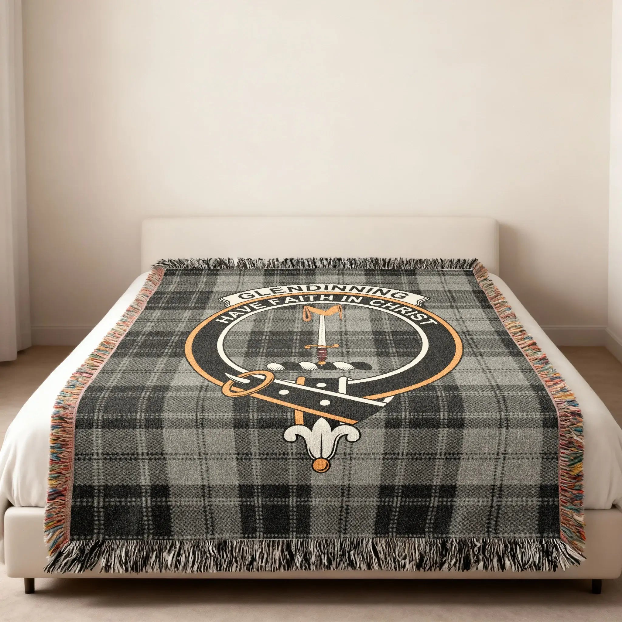 Glendinning tartan woven blanket — fringe edge detail on heirloom-quality cotton throw