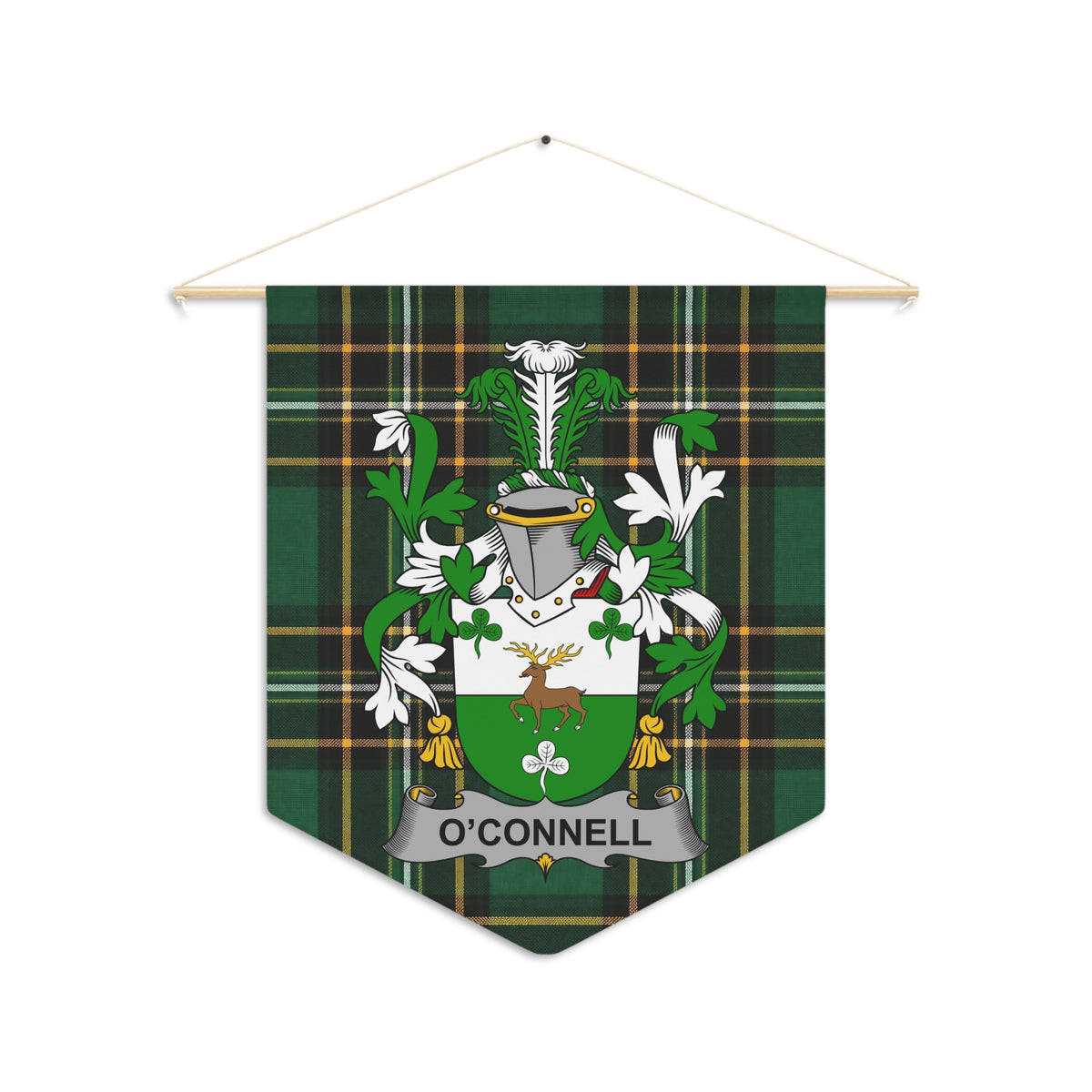 O'Connell coat of arms on a green plaid pennant banner with a wooden rod.
