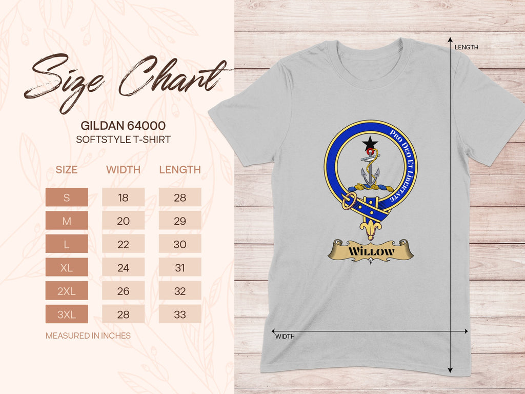 Gildan 64000 size chart for Willow Scottish clan crest T-shirt