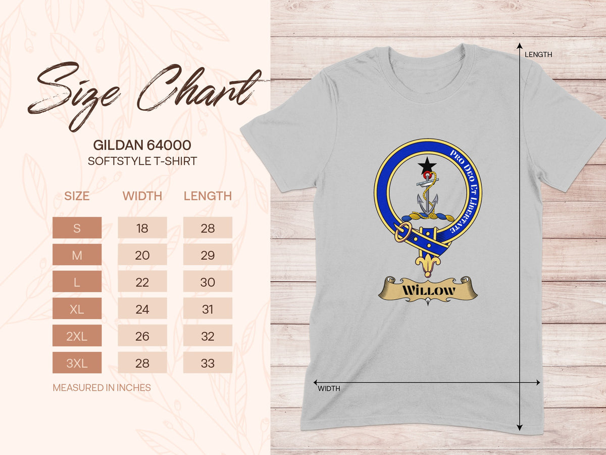 Gildan 64000 size chart for Willow Scottish clan crest T-shirt